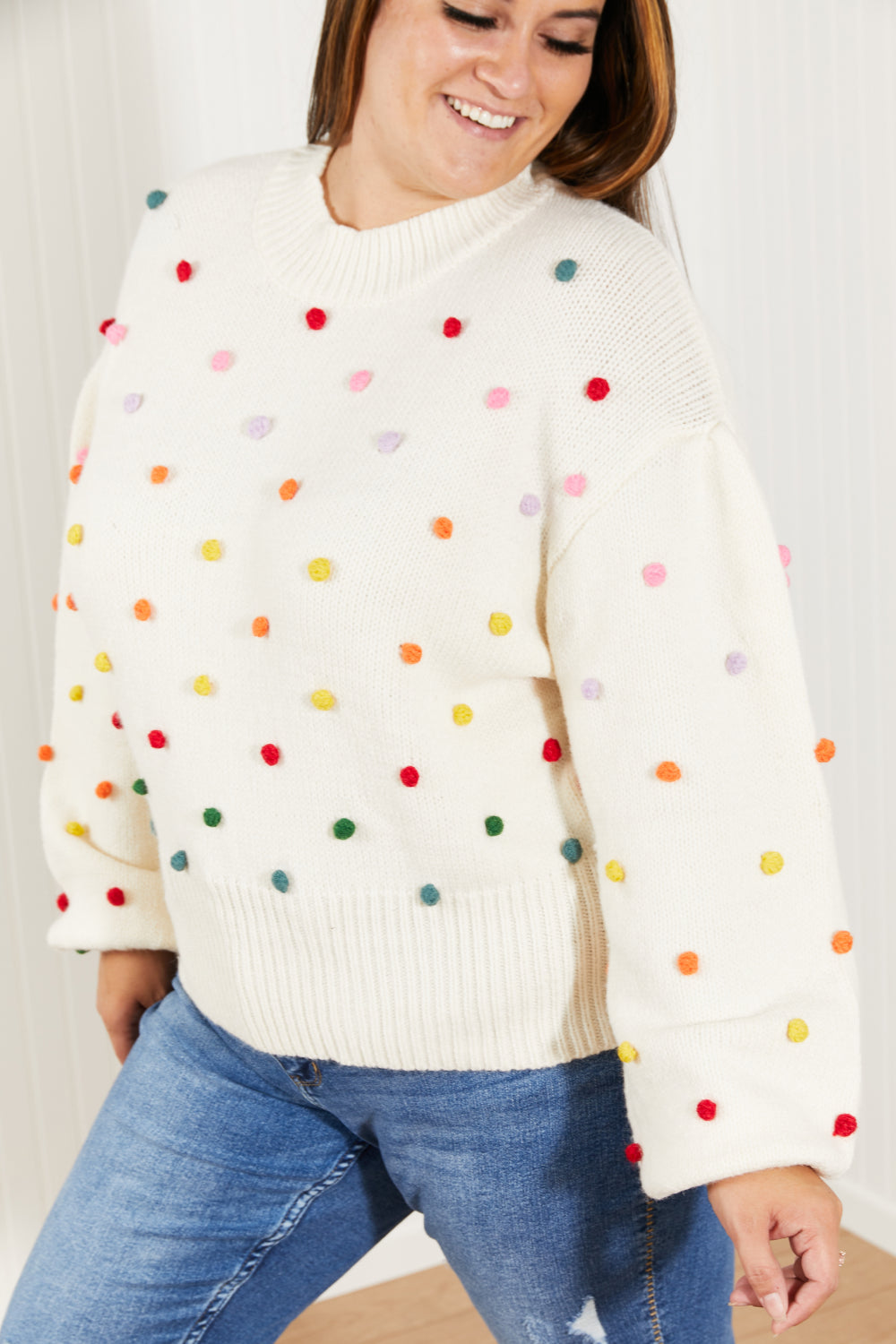 Davi & Dani Pop of Color Full Size Rainbow Pom Pom Sweater