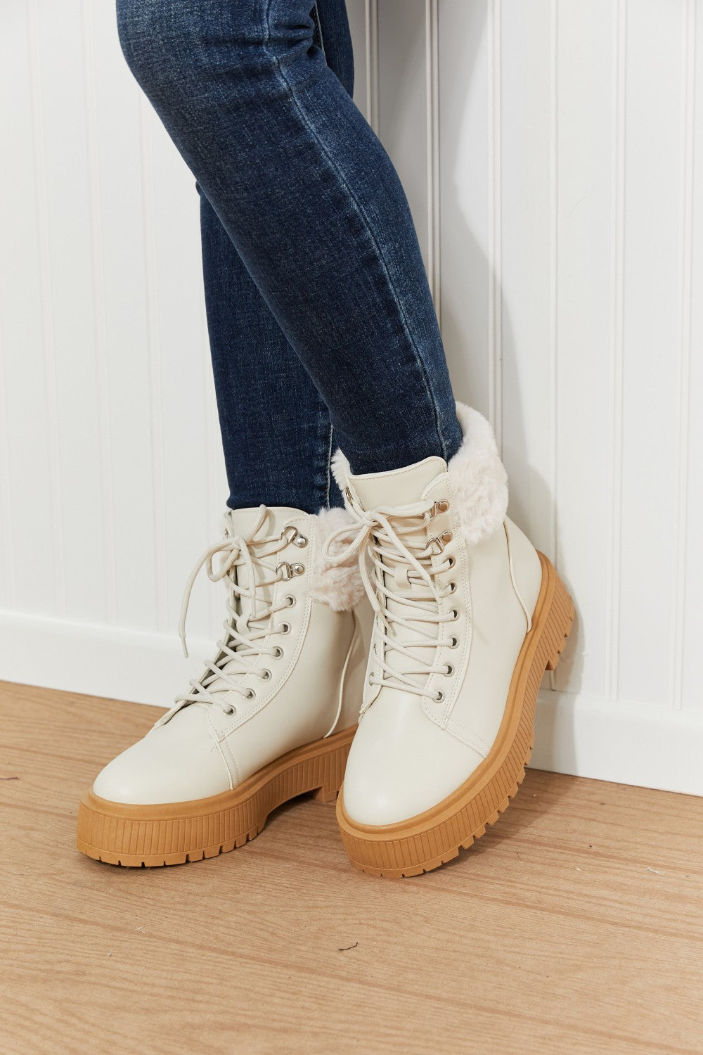 Qupid Staying Warm Faux Fur Trim Combat Booties