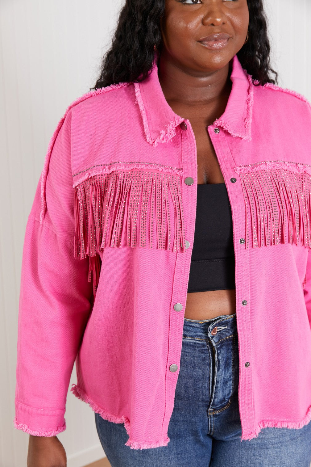 GeeGee Southwest Full Size Rhinestone Fringe Detail Shirt Jacket