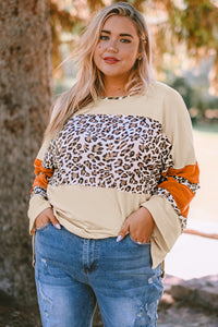 Plus Size Leopard Color Block Side Slit Top