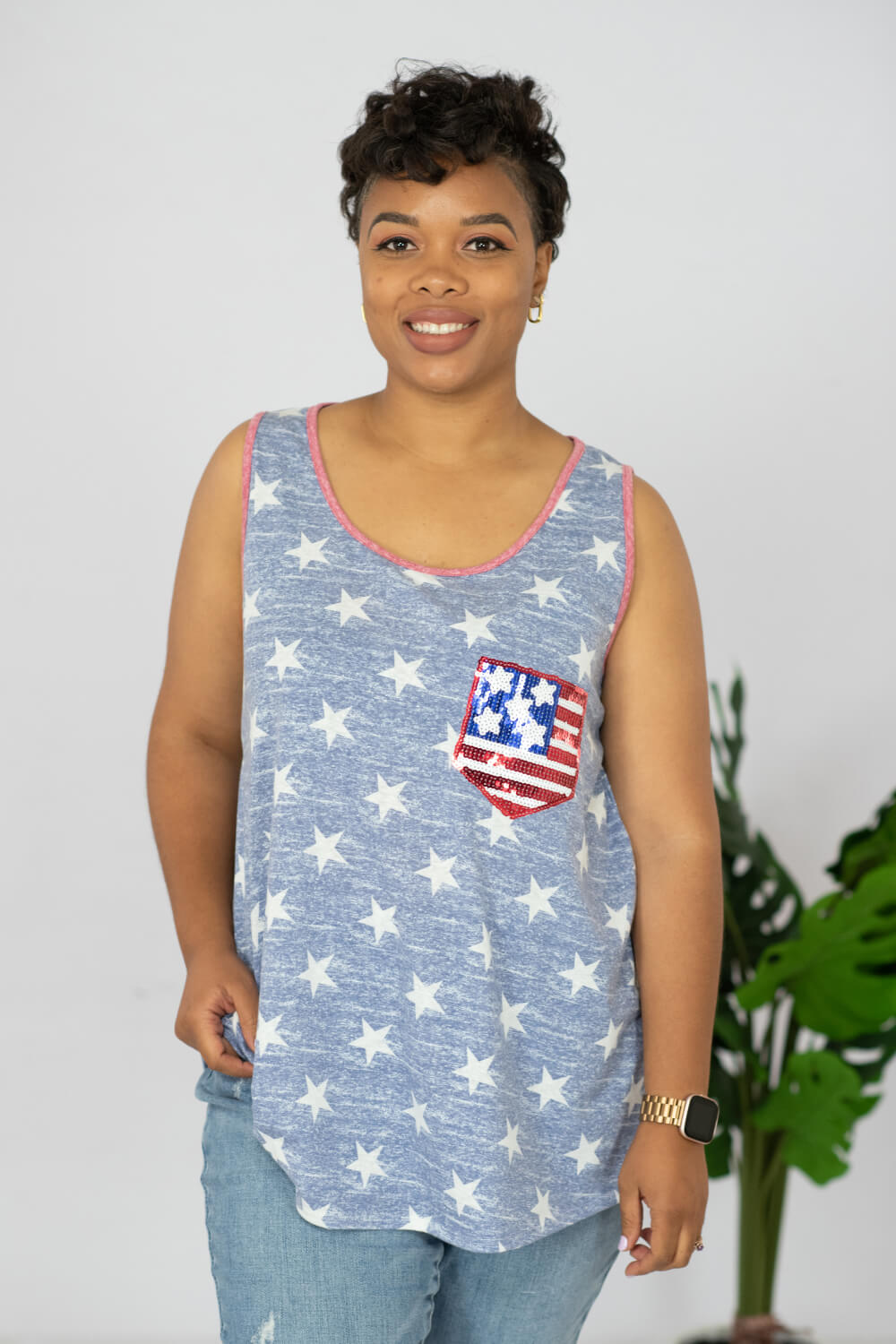 e. Luna Star Spangled Full Size Printed Sequin Pocket Tank