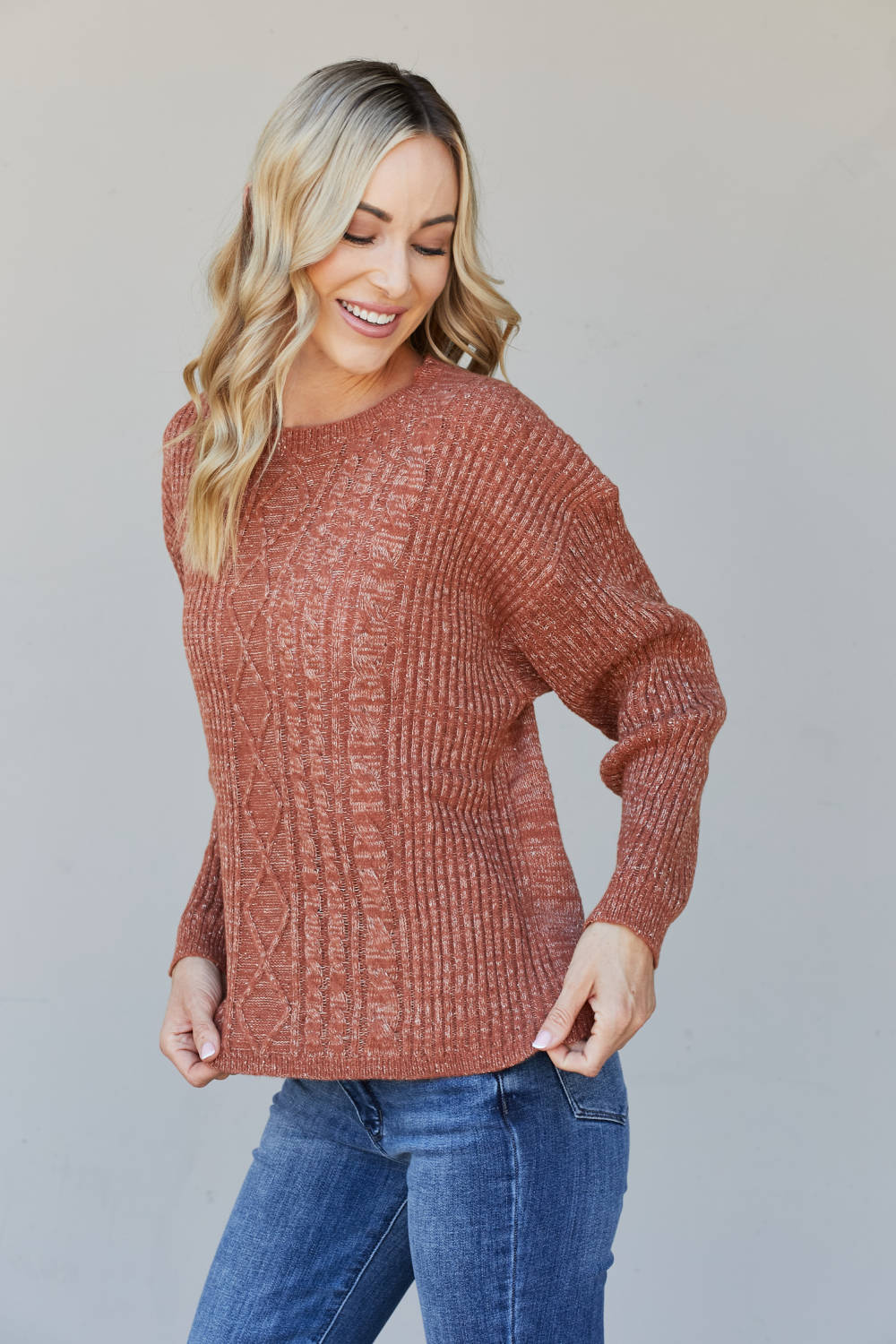 Sew In Love Full Size Mixed Knit Dropped Shoulder Sweater