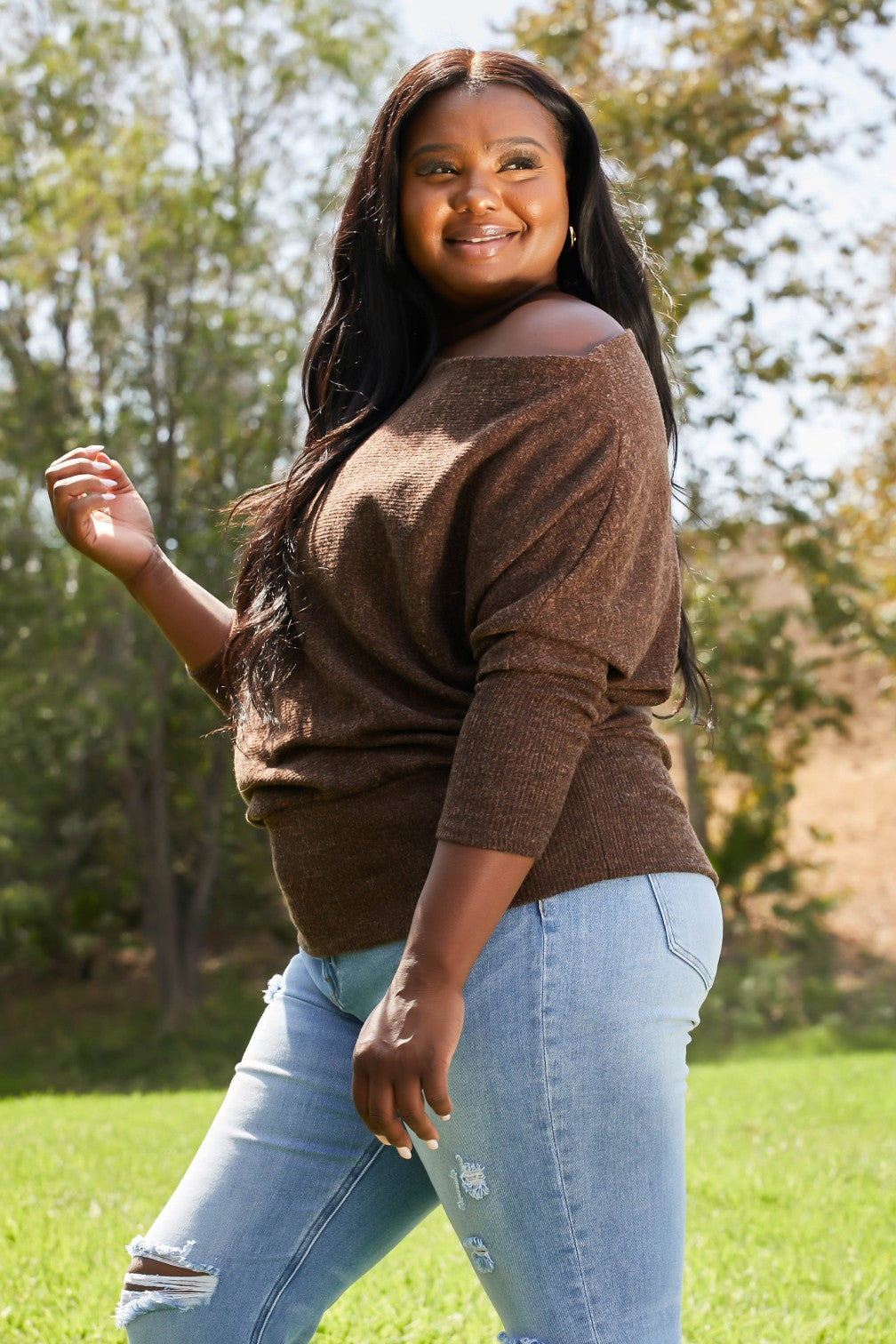 Emerald Collection Making a Move Full Size Ribbed Off-Shoulder Sweater