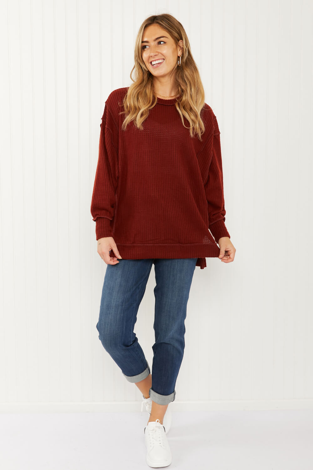 Zenana Alta Heights Full Size Waffle Knit Exposed Seam Sweater