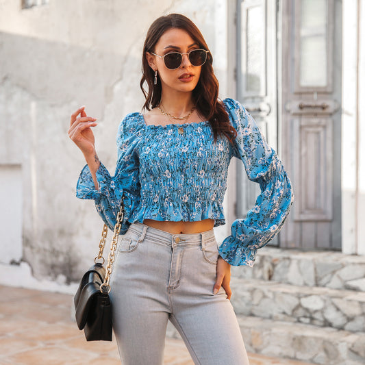 Floral Bubble Sleeve Smocked Top