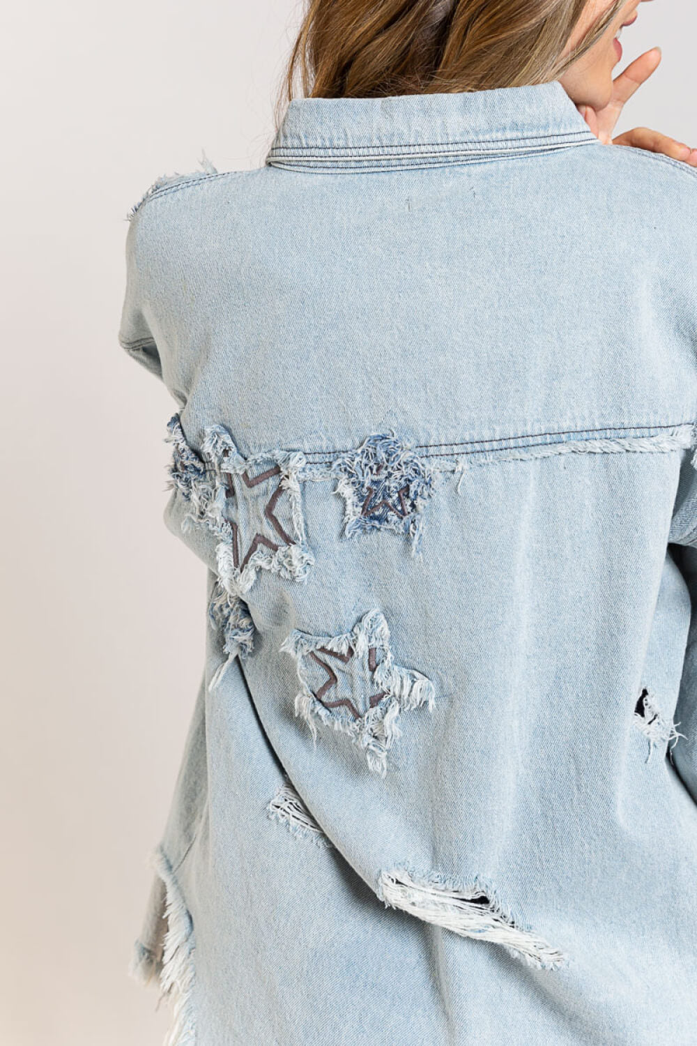 POL Star Patch Distressed Fringe Button-Up Denim Jacket in Light Denim