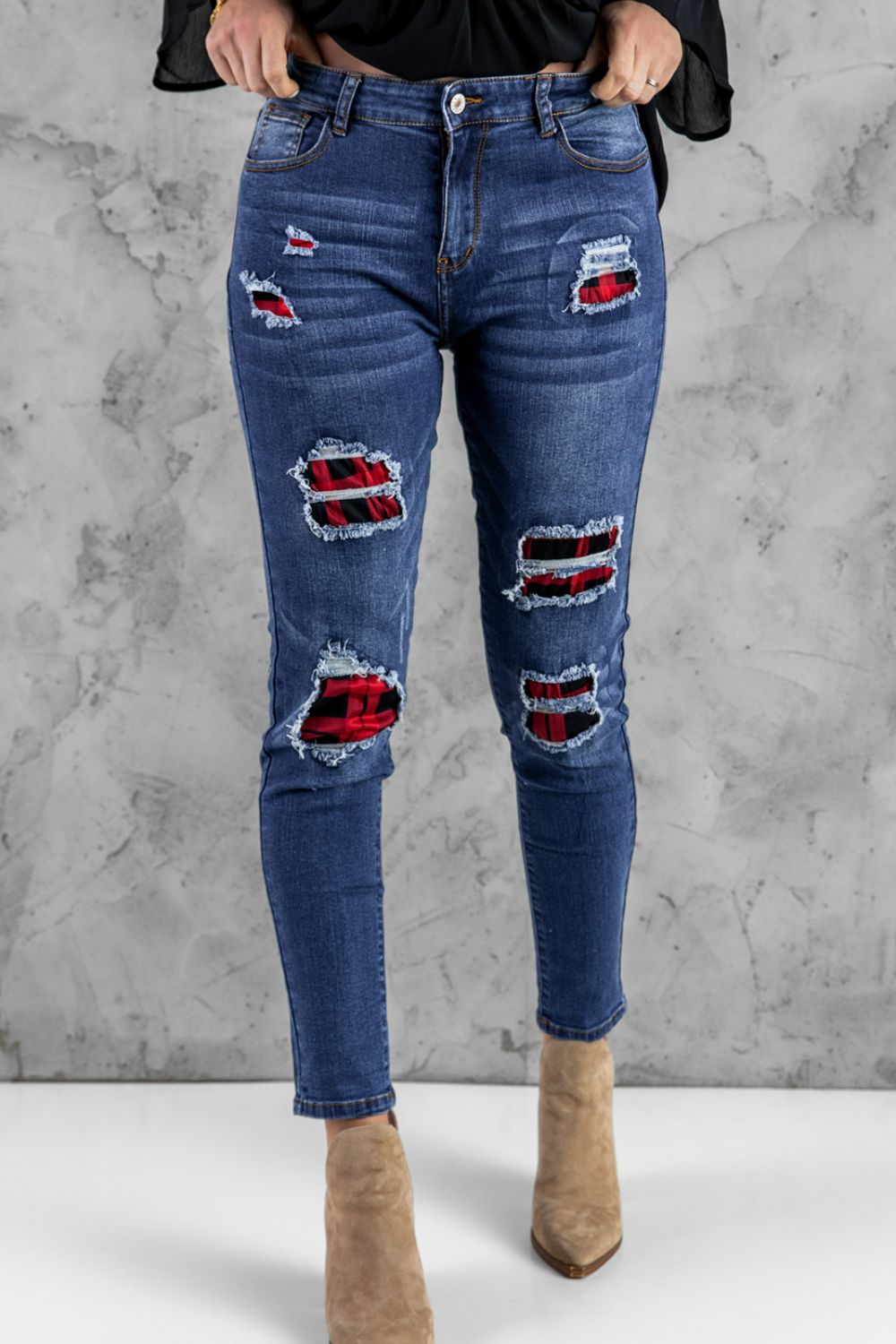 Patchwork Skinny Jeans with Pockets