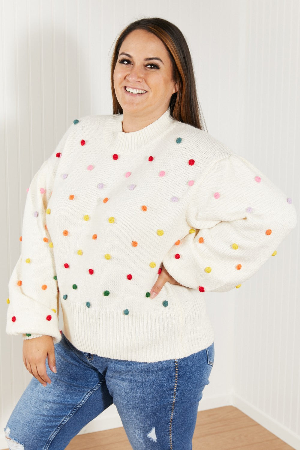 Davi & Dani Pop of Color Full Size Rainbow Pom Pom Sweater