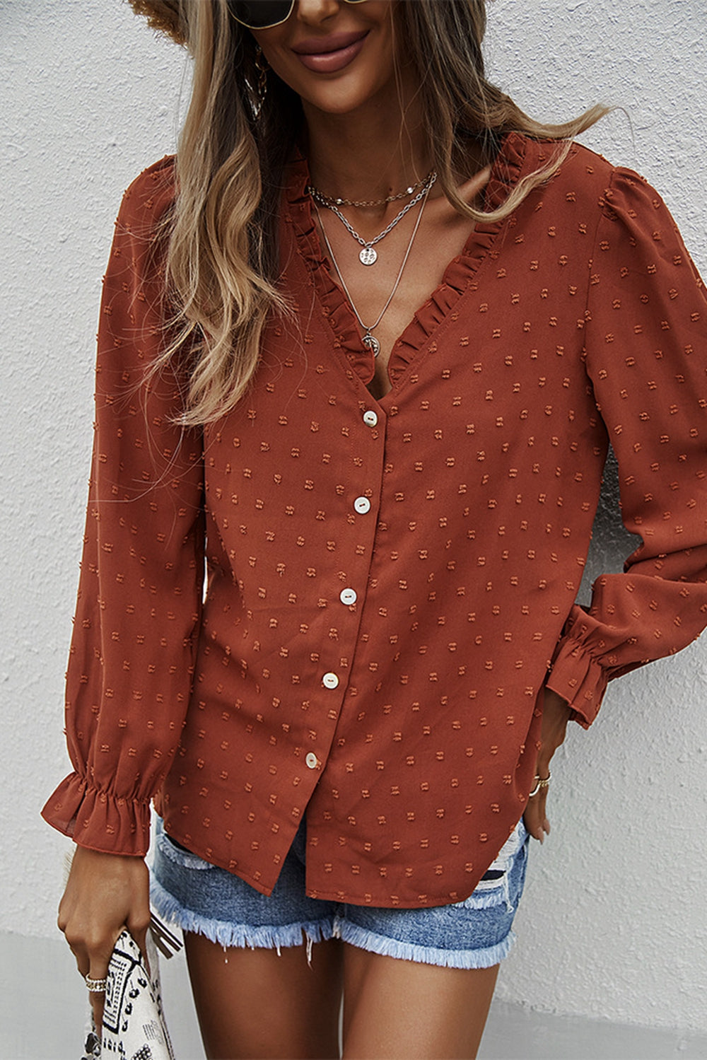 Swiss Dot Frill Trim Shirt