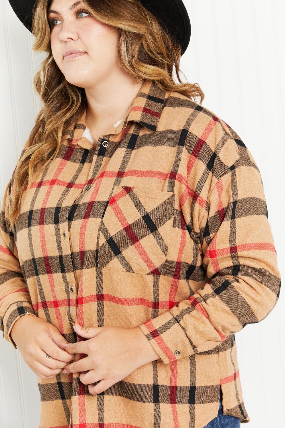 Andree by Unit  Pumpkin Patch Full Size Plaid Faux Fur Lined Shacket