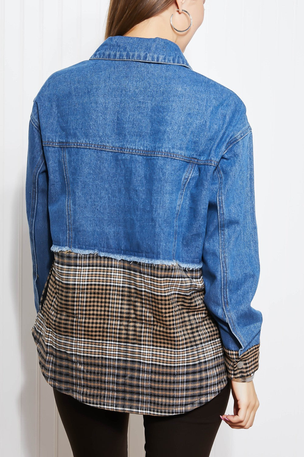 CY Fashion Porch Views Full Size Plaid Spliced Denim Jacket