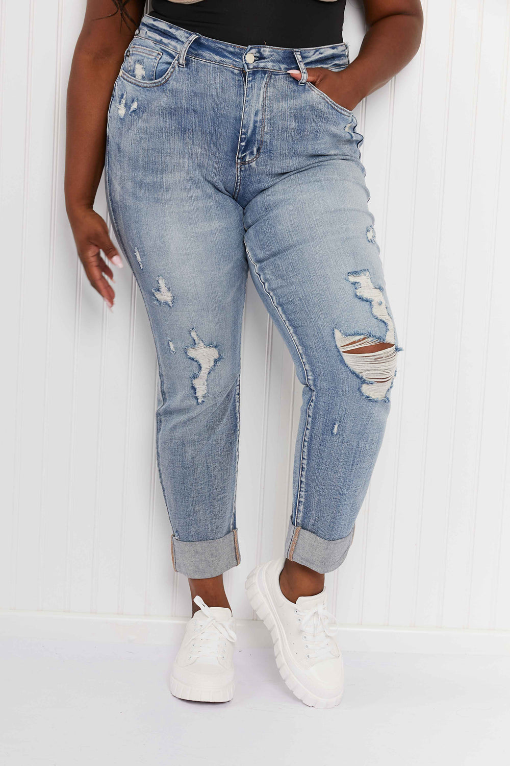 Judy Blue Fiona Full Size Double Cuffed Boyfriend Jeans