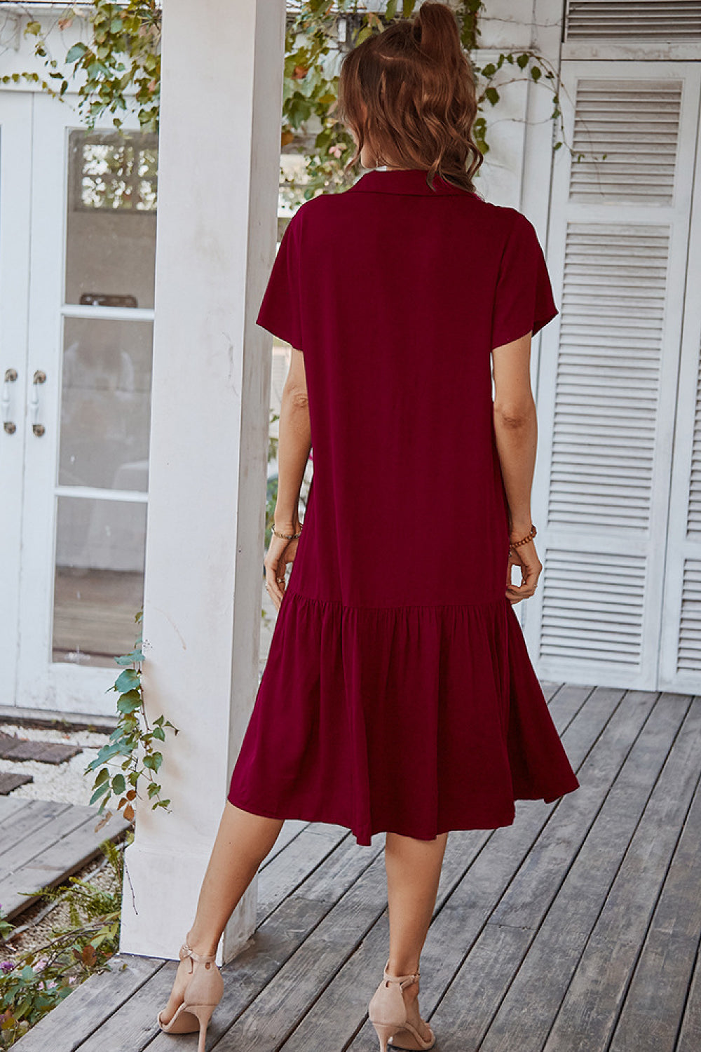 Button Down Tiered Midi Shirt Dress