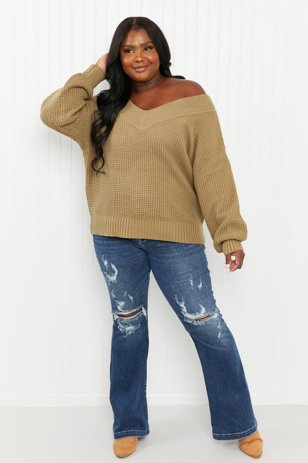 Zenana Full Size Rib-Knit V-Neck Sweater