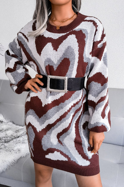 Heart Print Long Sleeve Mini Sweater Dress (Belt Not Included)