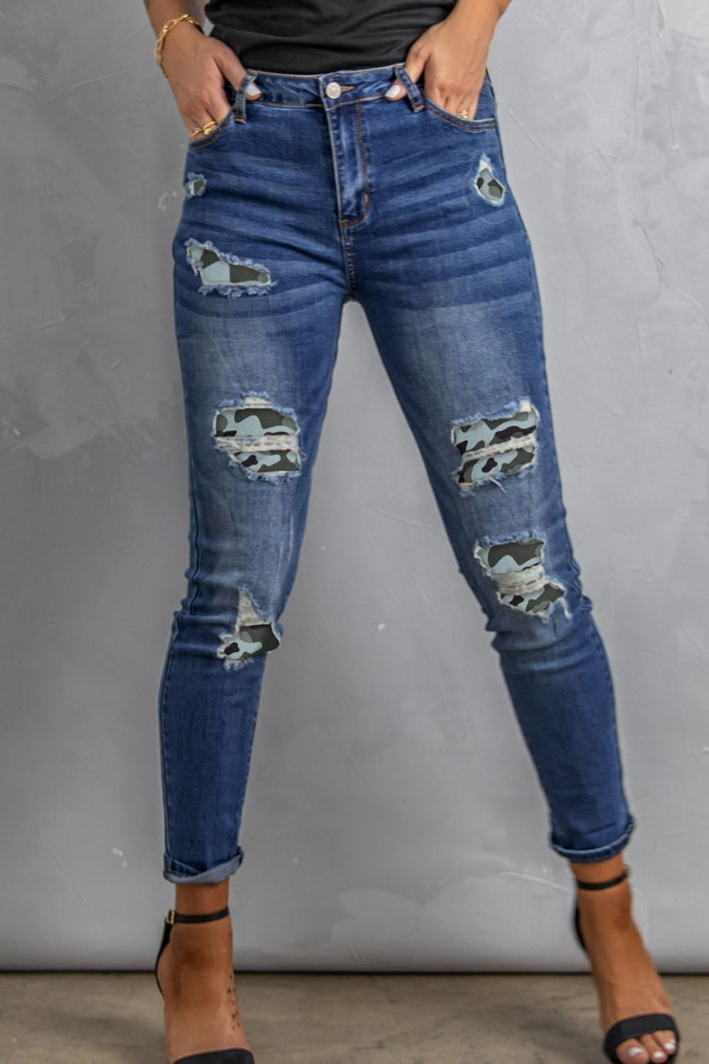 Patchwork Skinny Jeans with Pockets