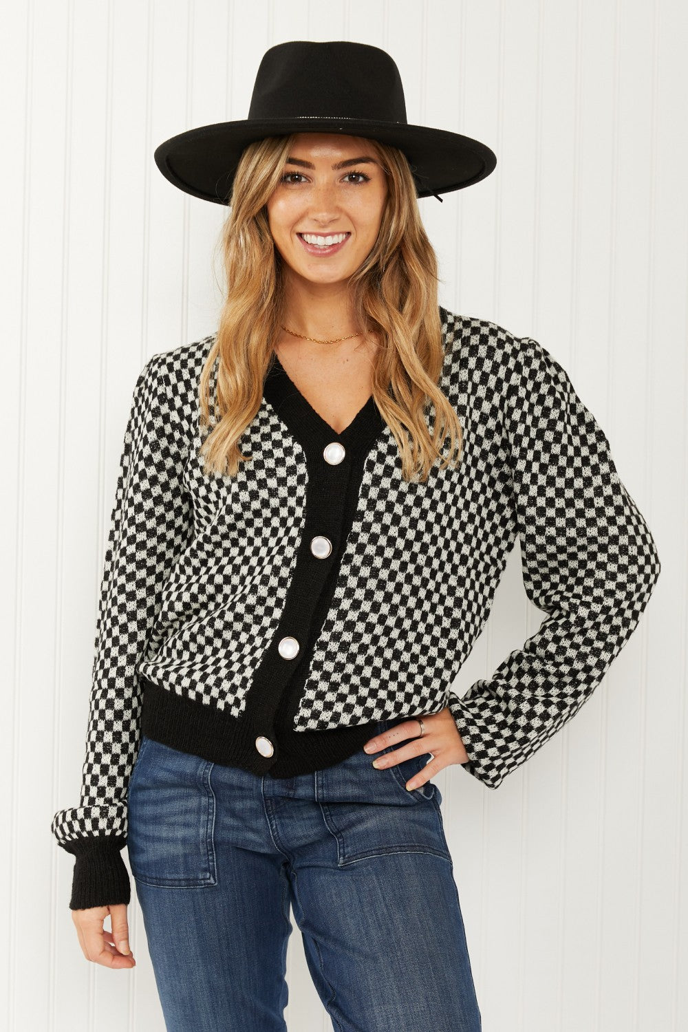 143 Story Look the Part Full Size Checkered Puff Shoulder Cardigan