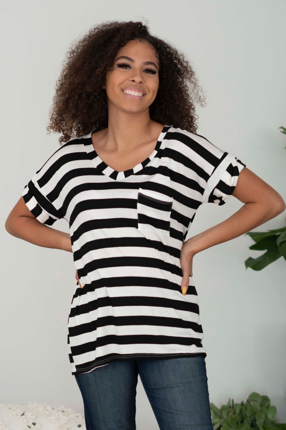 Sew In Love Out and About Full Size Striped Pocket Tee in Black and Ivory