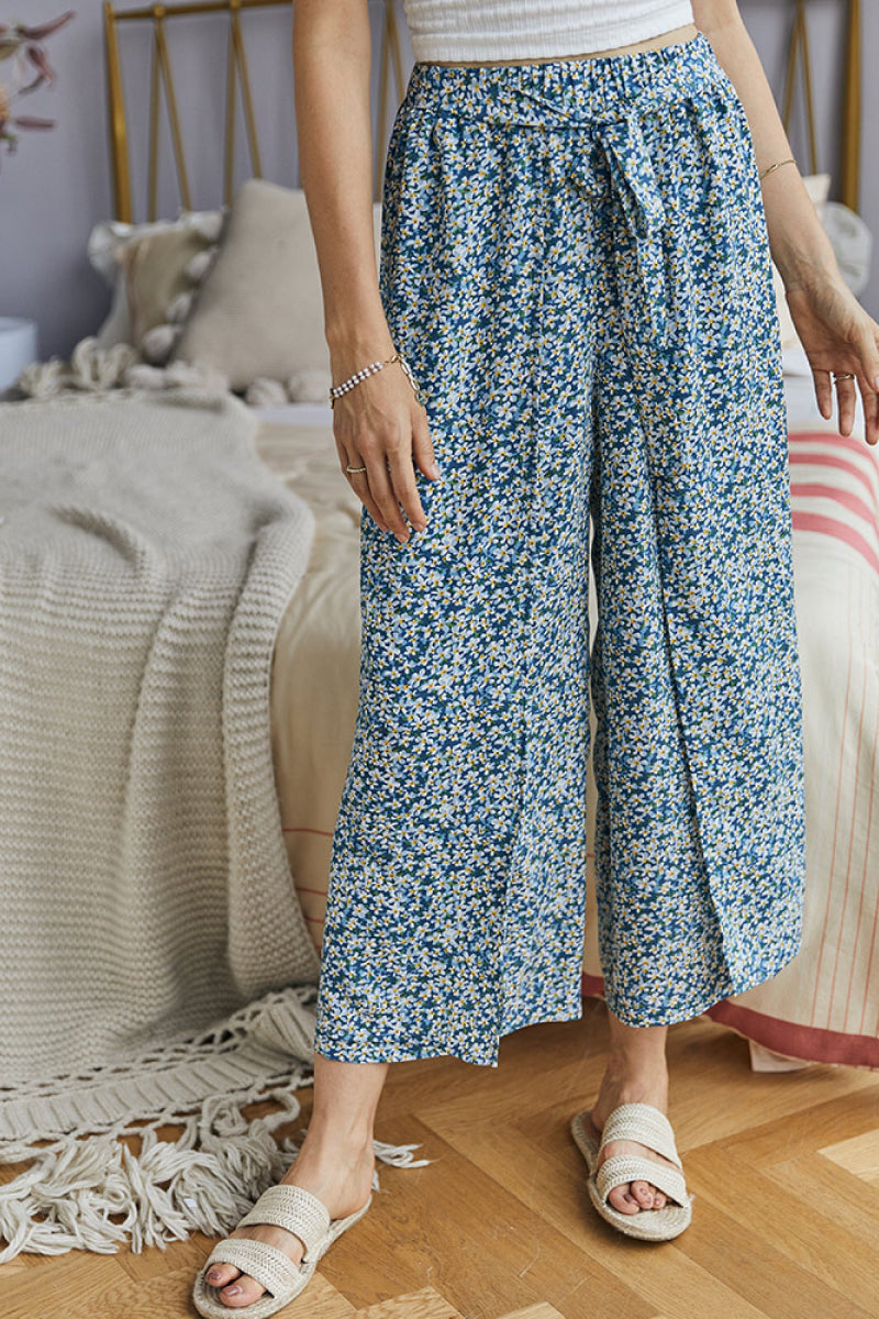 Dainty Floral Tie Waist Wide Leg Pants