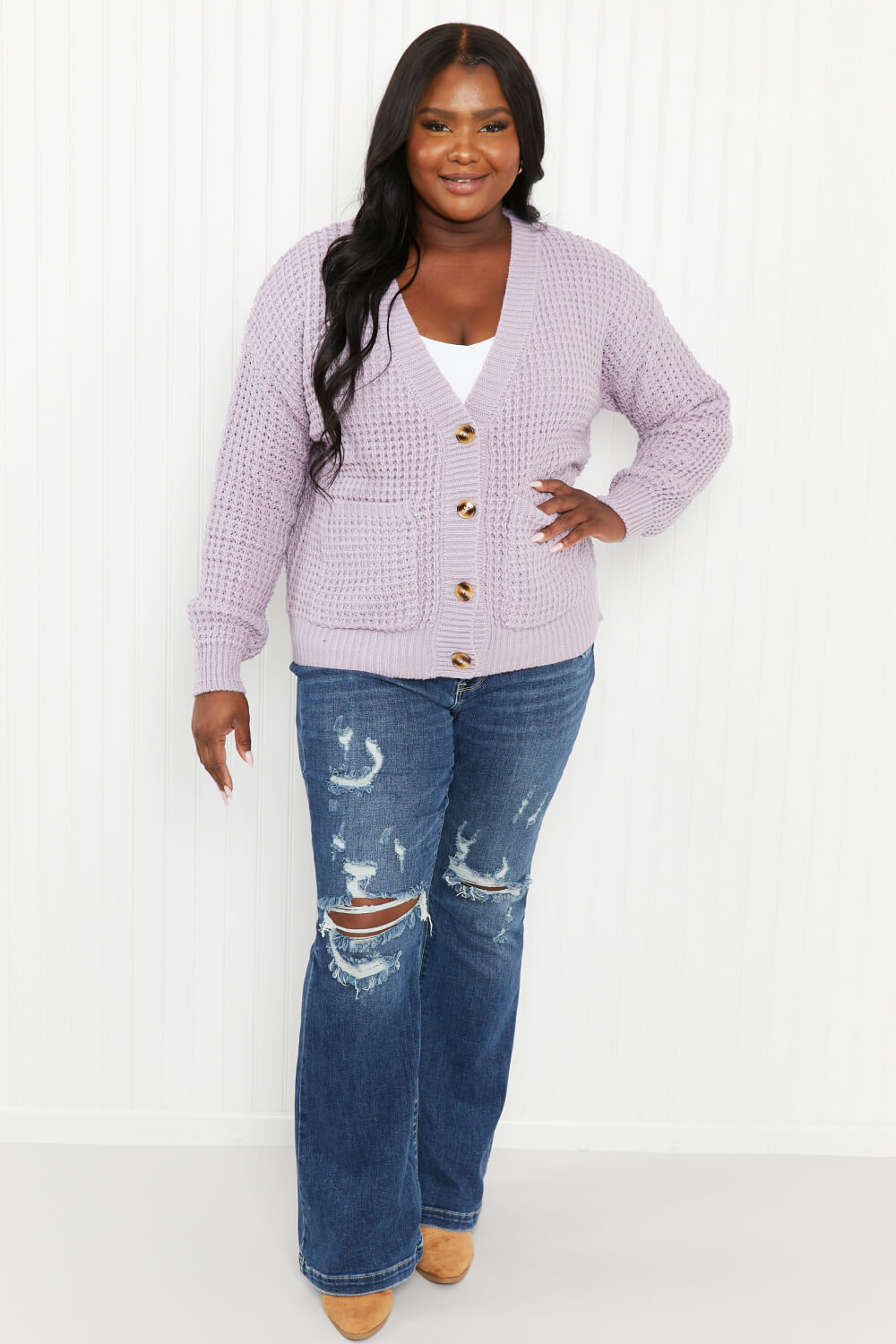 Zenana Full Size Waffle-Knit V-Neck Cardigan