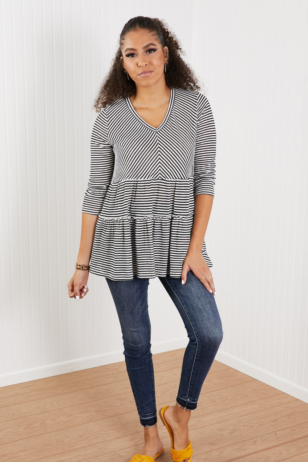 Doe & Rae Full of Love Full Size Striped Tiered Top