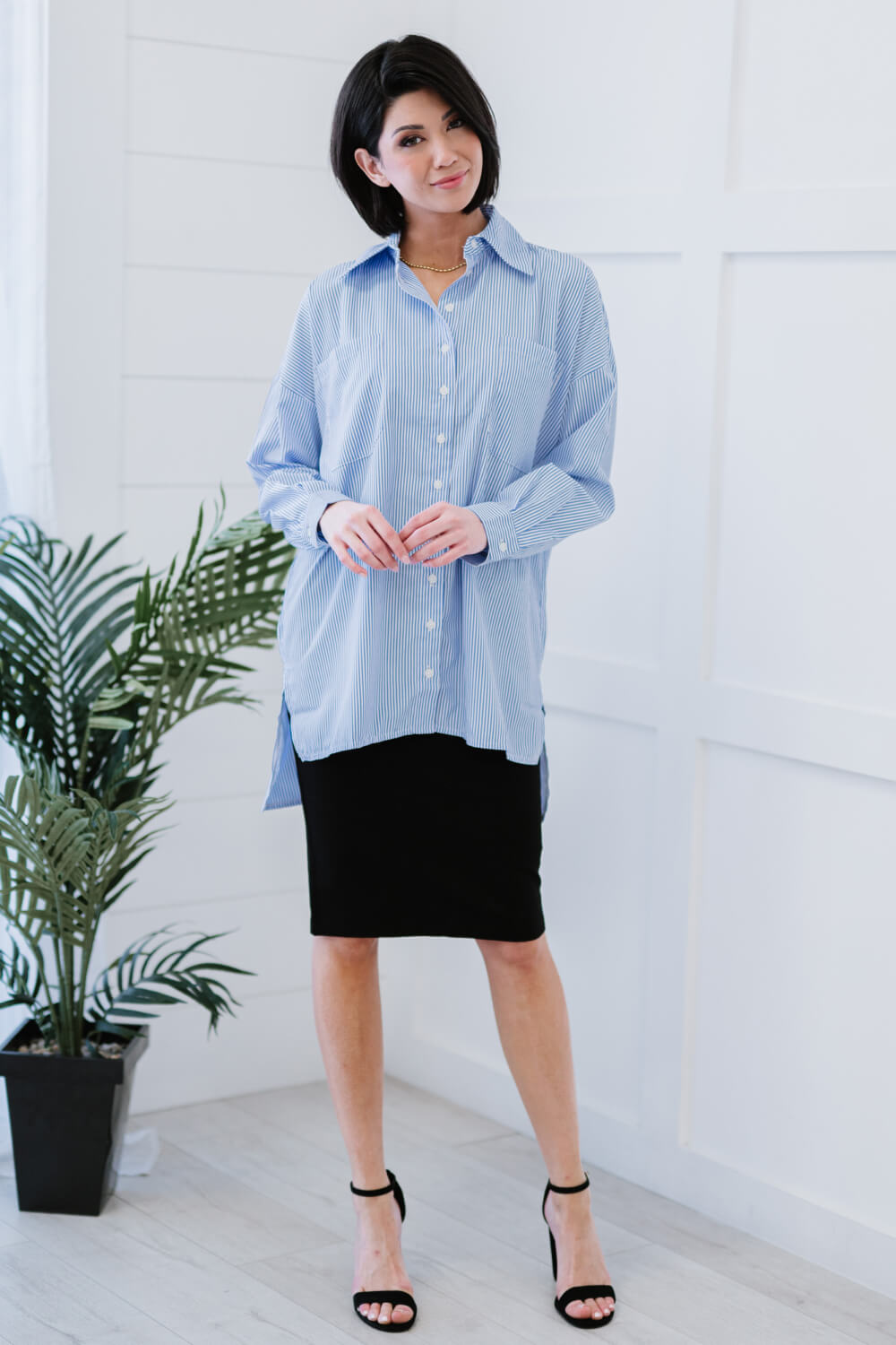 Zenana Business As Usual Full Size Run Pinstripe Button Down Shirt