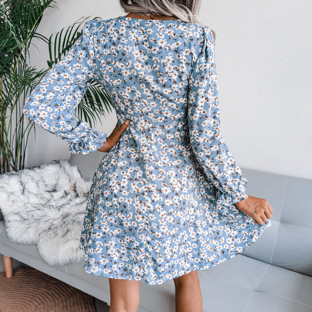 Floral Bow Detail Flared Sleeve Mini Dress