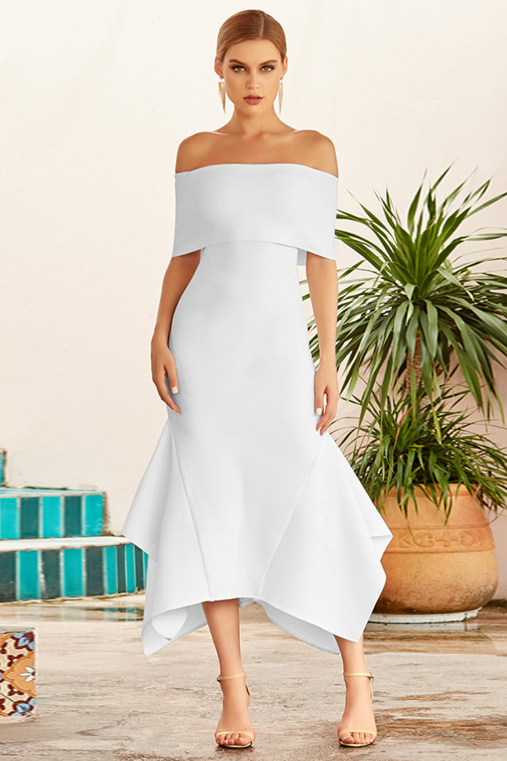 Off-Shoulder Ruffle Hem Midi Dress